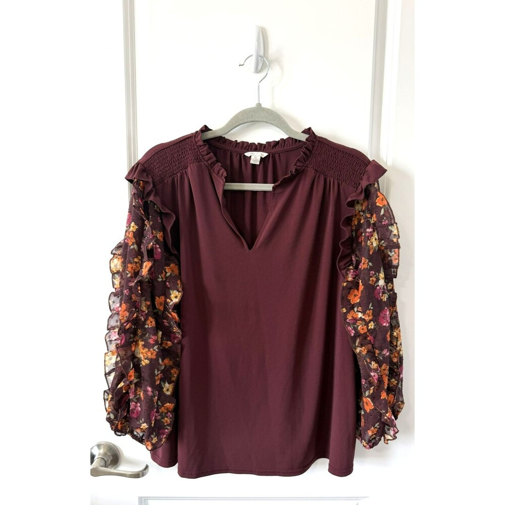 Cato Women’s Maroon Floral Smocked Ruffle Puff Sleeve Blouse XL Fall colors